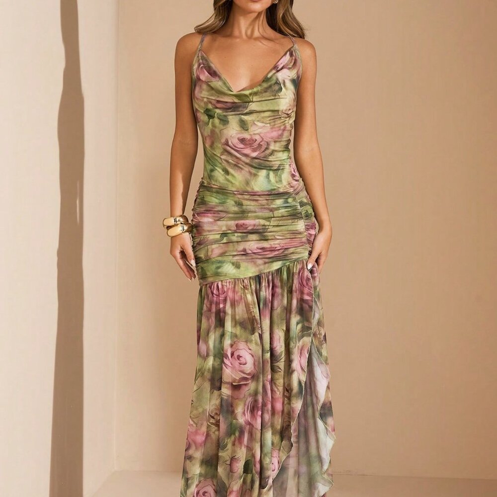 Green Boho Women's Fitted Mesh Deep Draped Neck High Slit Floral Print Dress